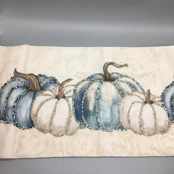 Nicole Miller Beaded Pumpkin Table Runner Blue Cream Thanksgiving Decor 14x72 - Picture 9 of 11
